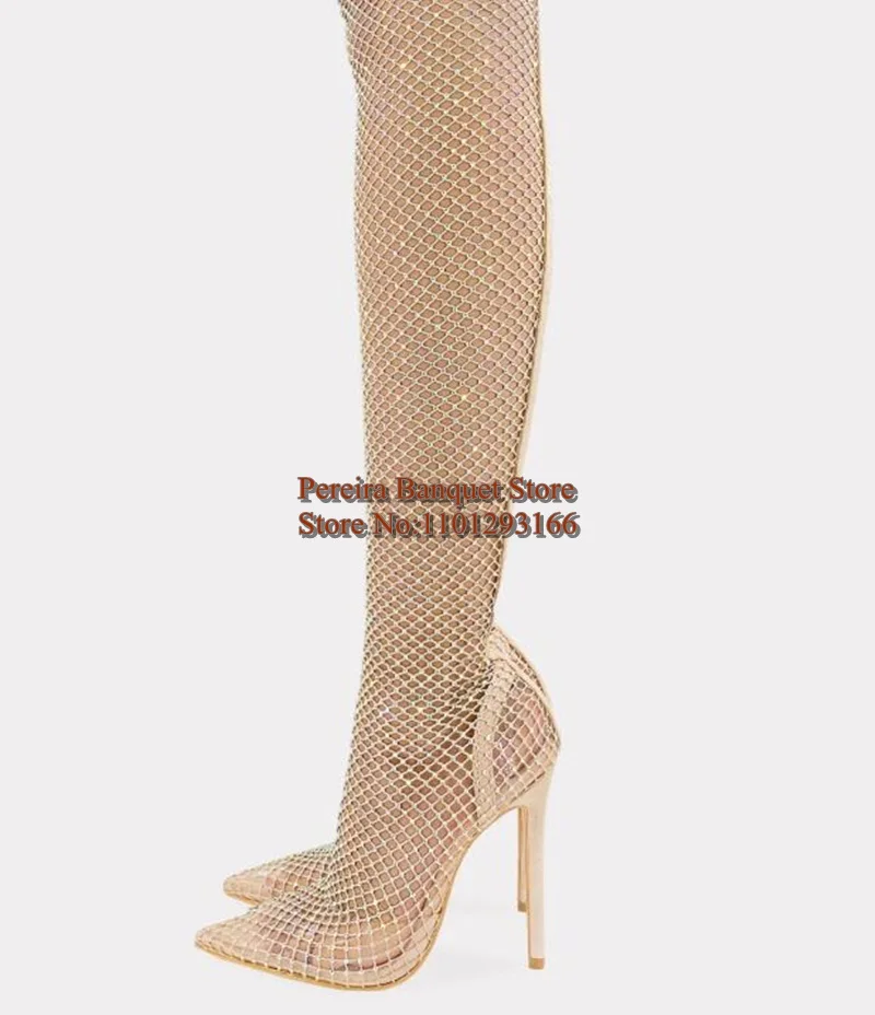 Прозрачные ПВХ Сапоги выше колена с острым носком Mexh сетчатые прозрачные бежевые