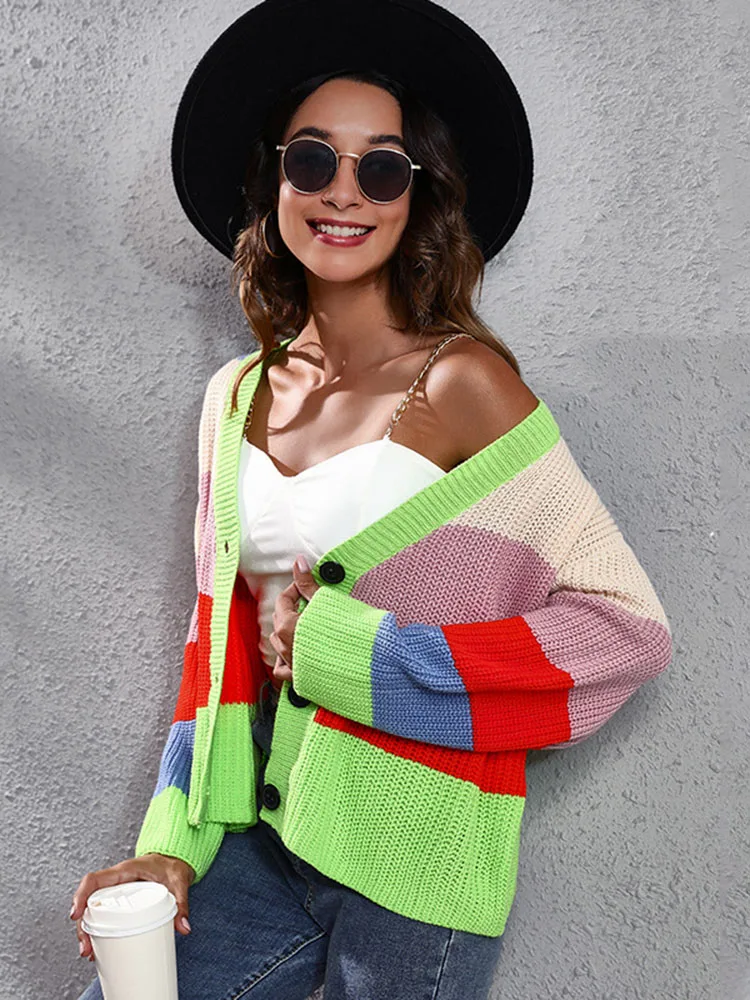 

Женский трикотажный кардиган в разноцветную полоску, осенне-зимний свитер, женская одежда, корейские джемперы с длинным рукавом и пуговица...