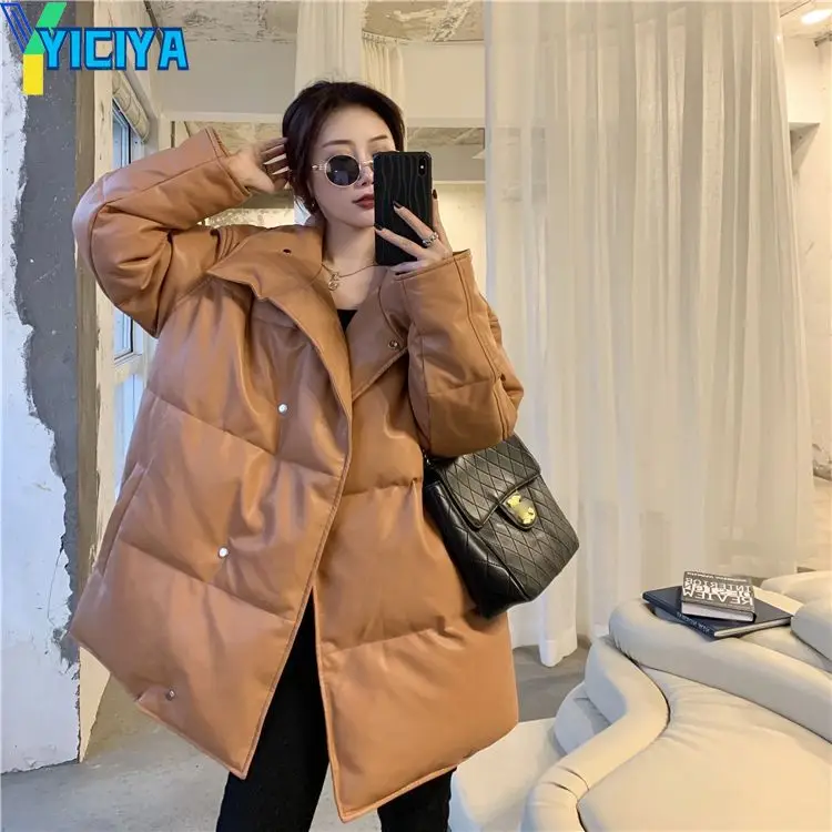 YICIYA Parkas Woman Winter 2023 Vintage Stand-collar Coverd-button Leather Jacket Puffer-coats Women Solid Trendy Leisure Simple