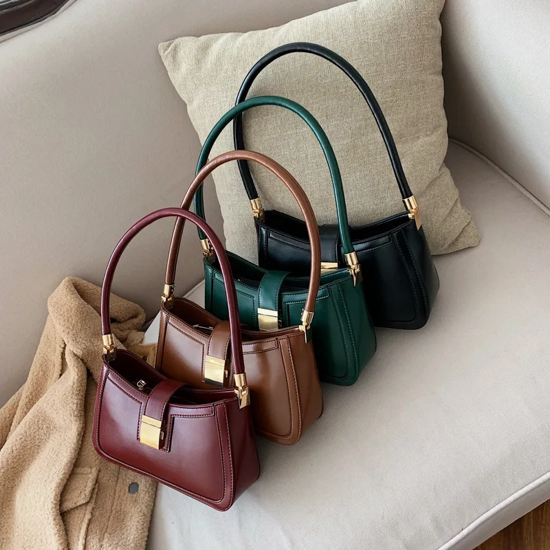 

New Solid Color Luxury PU Leather Shoulder Bags for Women 2022 Trend Hit Lock Handbags Small Travel Hand Bag Lady Fashion Bags