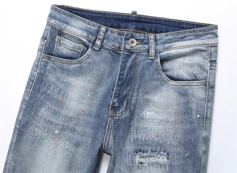 Men's Colorful Graffiti Printed Jeans Y2K Colorful Slim Fit Tapered Elastic Casual Pants Fashion Street Clothing Small Foot Pant