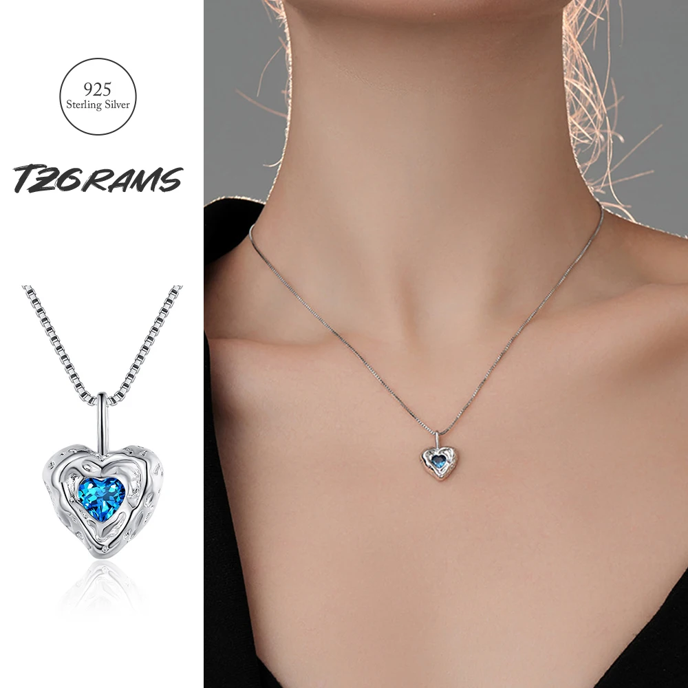 

925 Sterling Silver Simple Necklace For Women Heart Shape Lab Created Sapphire Elegant Platinum Plated Glossy Fine Jewelry Gift