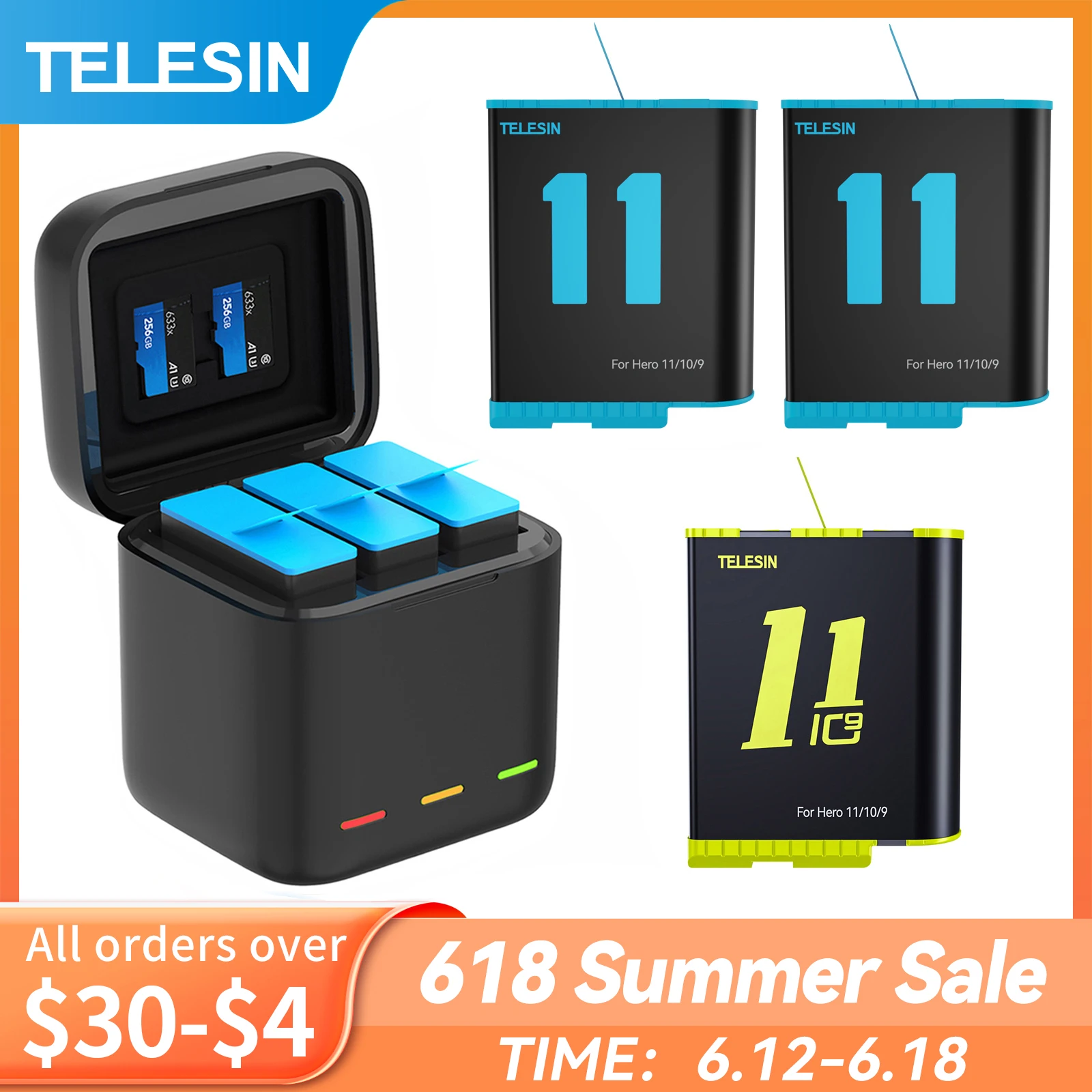 TELESIN Battery For GoPro Hero 10 11 1750 mAh Battery 3 Ways Fast Charger Box TF Card Storage For GoPro Hero 9 Accessories