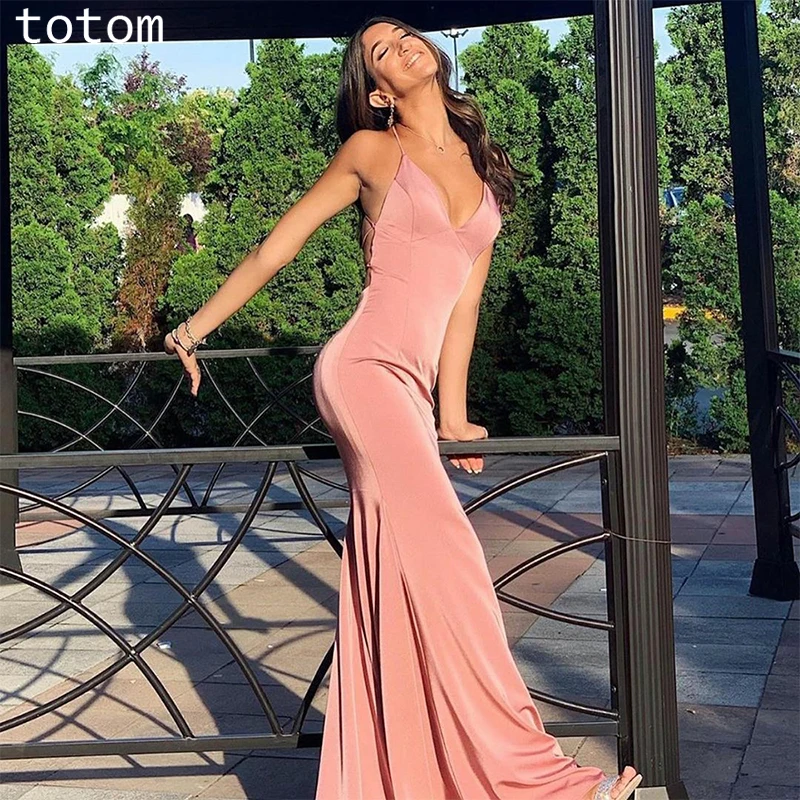 

Simple Mermaid Skirt Backless V Neck Sling Spaghetti Satin Prom Evening Dress Everyday Dress