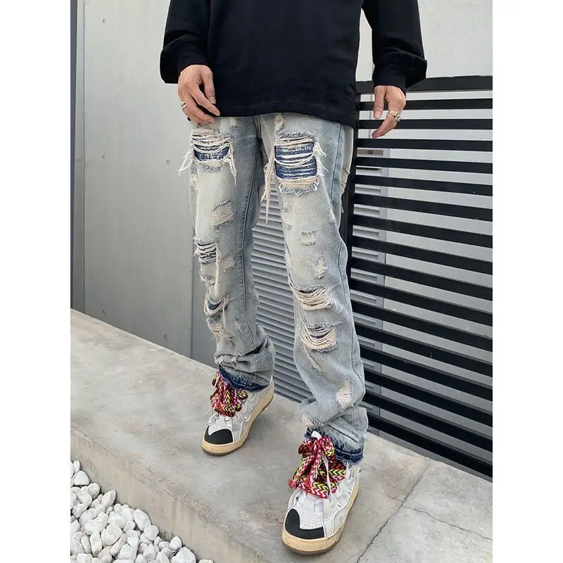 Men Vintage Hip Hop Streetwear Alt Jeans Straight Ripped Fairy Grunge Wide Leg Pants Denim Trousers Low Waist Oversize Clothes