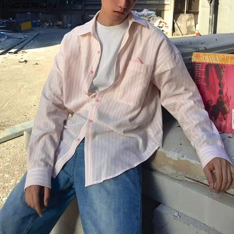 Модные хорошо облегающие Топы INCERUN Мужская индивидуальная рубашка в полоску с
