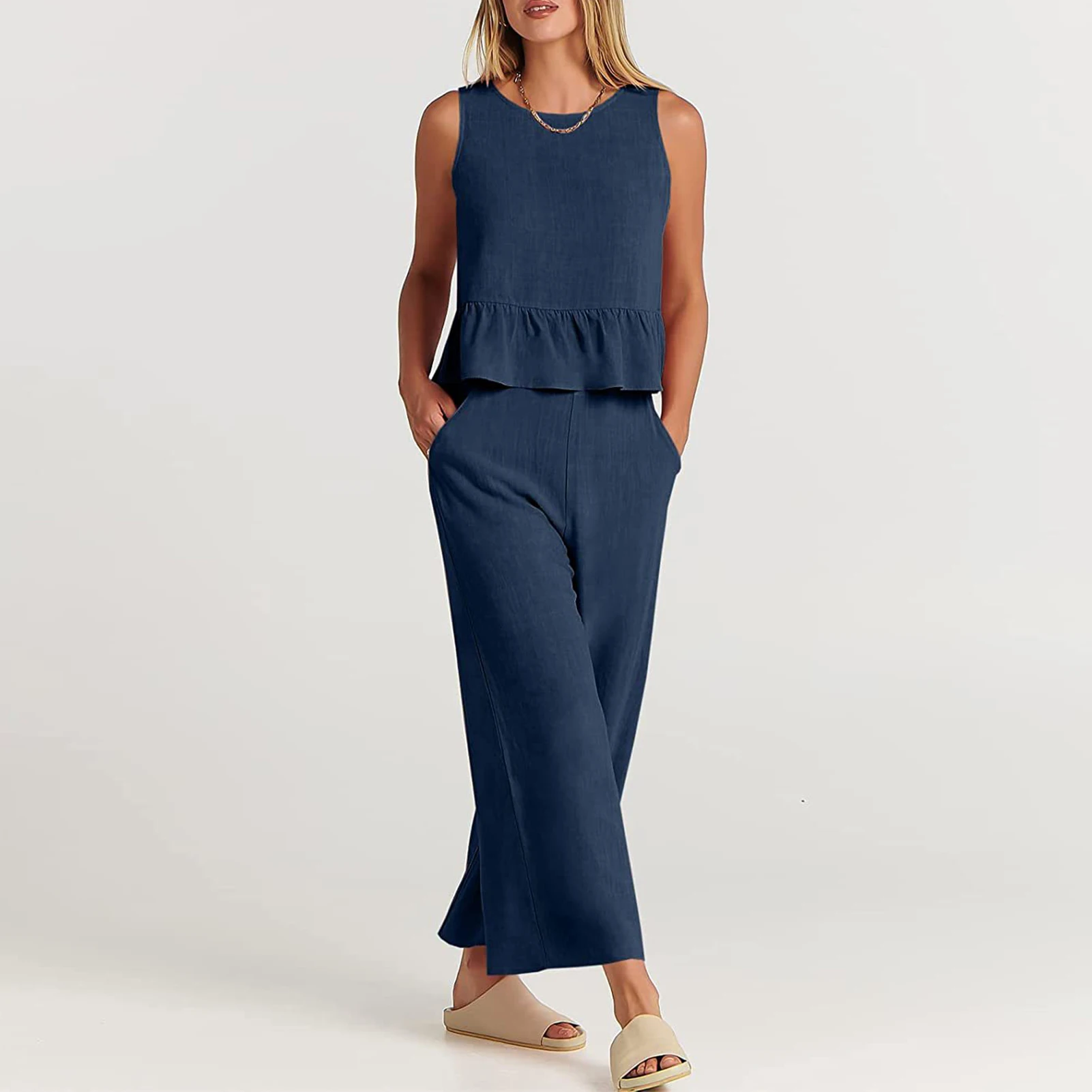 

Ladies Vest Top Straight Leg Pants Solid Color Cotton Sleeveless Crop Top Pant with Pockets High Waist Crew Neck Vacation Outfit