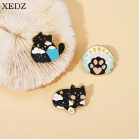 creative starry black cat enamel pin custom star moon phase cat claw brooch fashion animal badge jewelry gift for friends and ch