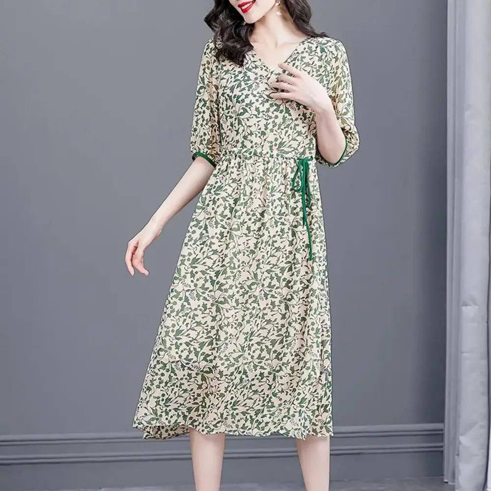 Women Floral Print A-Line Midi Dress V-Neck Half Sleeve Waist Drawstring Flowy Hem Casual Summer Dress Streetwear