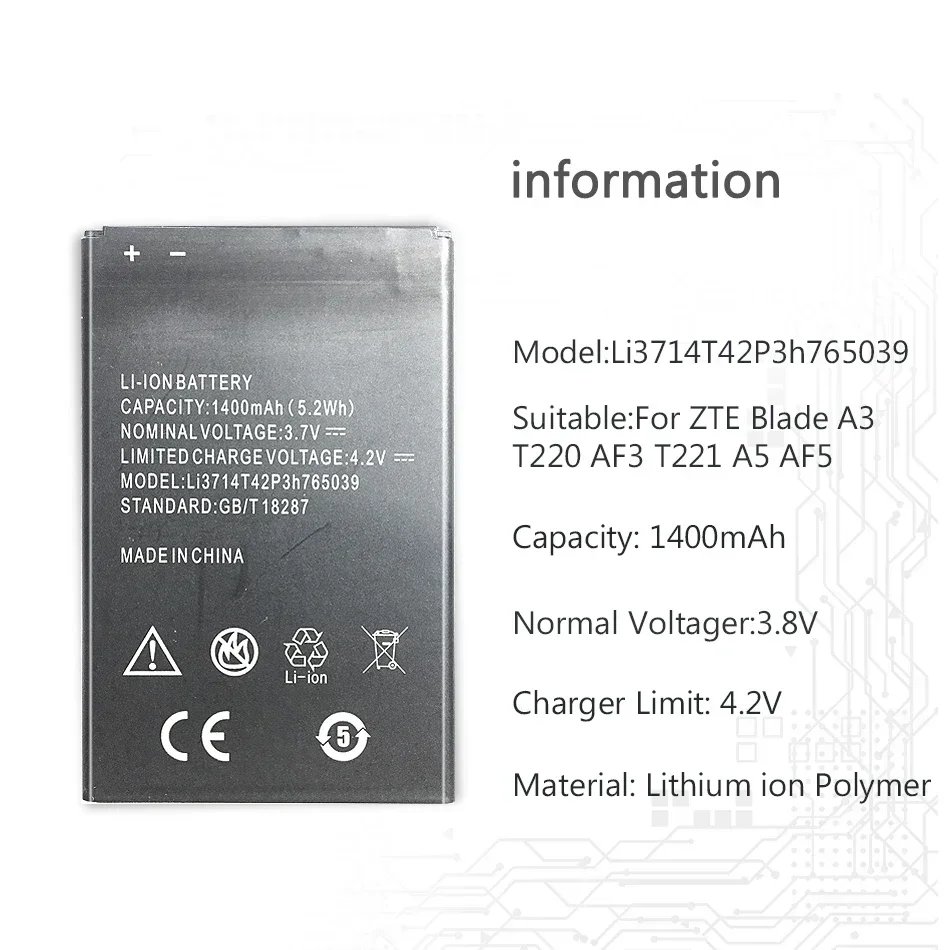 Мобильный аккумулятор для ZTE Blade A3 T220 AF3 T221 A5 AF5 1400 мАч Li3714T42P3h765039