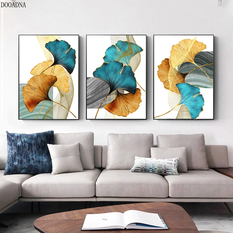 Холст с синими зелеными золотыми листьями цветами палочкой абстрактная картина