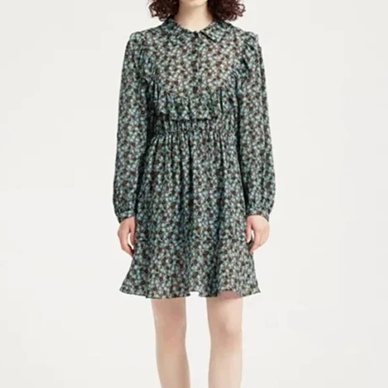 

Women Flora Print Vintage Pleated Robe Long Sleeve Ruffles Turn-down Collar fahsion Ladies mini Dress