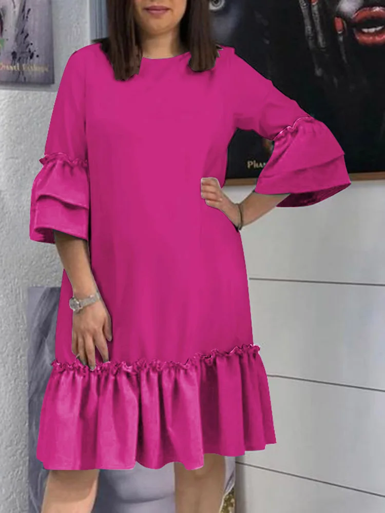 

VONDA Oversize 2022 Women Fashion Spring Dress Patchwork Solid A-Line Mini Robe O-Neck Loose Long Sleeve Polyester Party Vestido