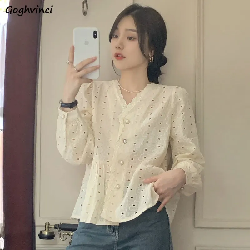 

Shirts Women White Tender Sweet Girlish Hollow Out V-neck Casual Student Korean Style Clothes Comfortable Spring Single Breasted