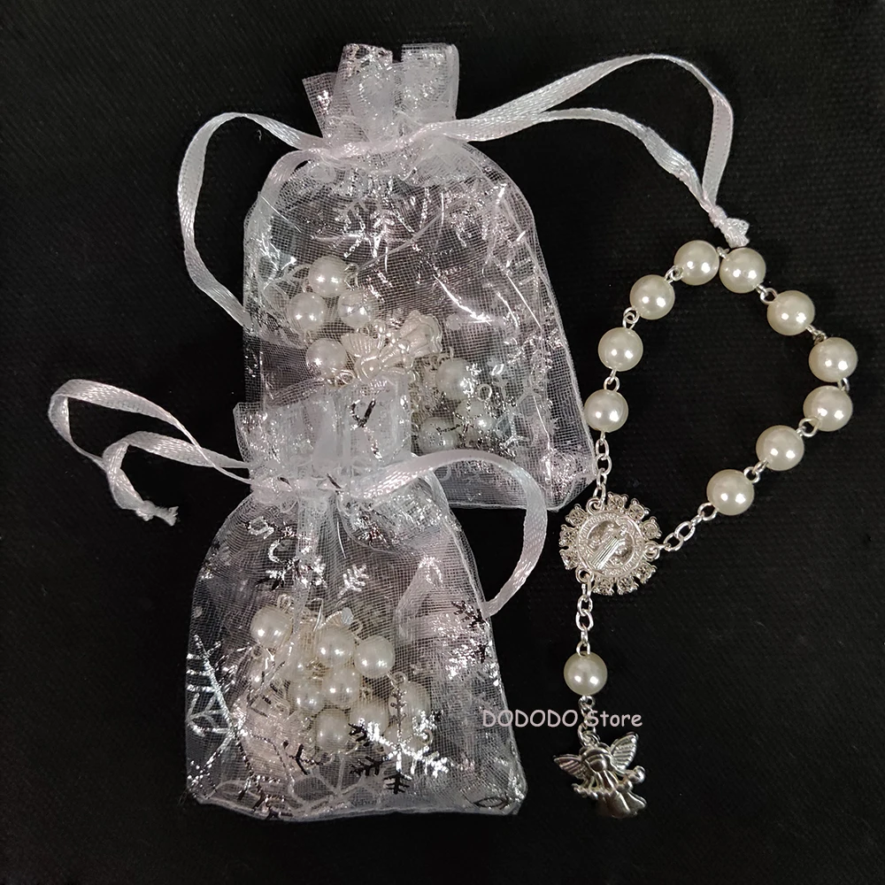

Catholic Crucifix Wedding Favors First Communion Christening Baptism Return Gifts for Guests Faux Pearl Prayer Bracelets, 12pcs