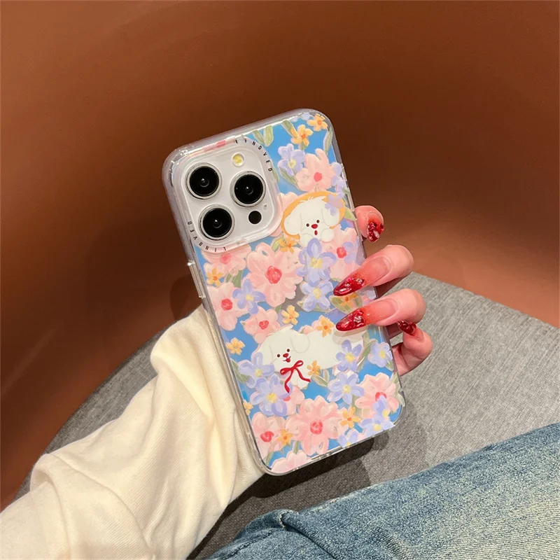 Корейский милый чехол для телефона iPhone 13 Pro с рисунком щенка и цветами Apple 14 15 16 Max