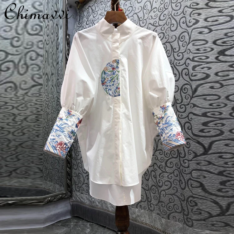 

European 2022 Spring New Women's Chinese Style Embroidery Stand Collar Blouses Ladies Fashion Simple Office Lady Loose Shirt Top