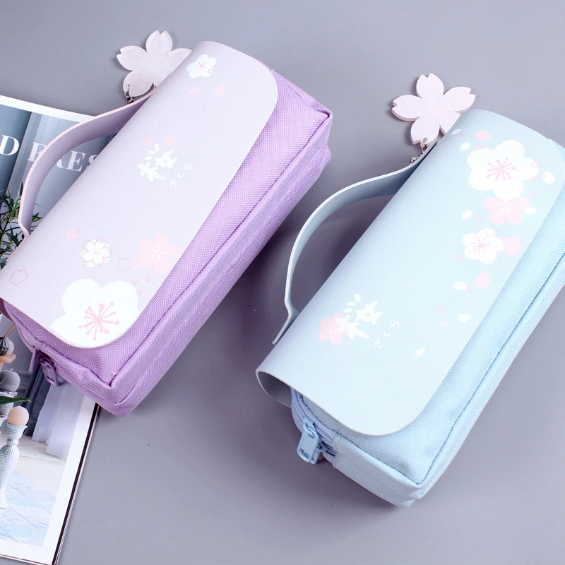 Sakura Double-layer Double Zipper PU Leather Pen Bag Large Capacity Portable  for Primary School Students Kawaii Stationery Bag