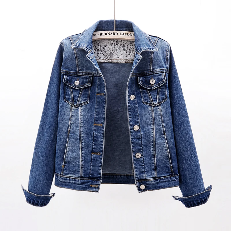 

Korean Lace Splicing Collar Denim Jacket Women Vintage Blue Elasticity Slim Short Cowboy Outwear Big Pocket Jeans Jacket Female