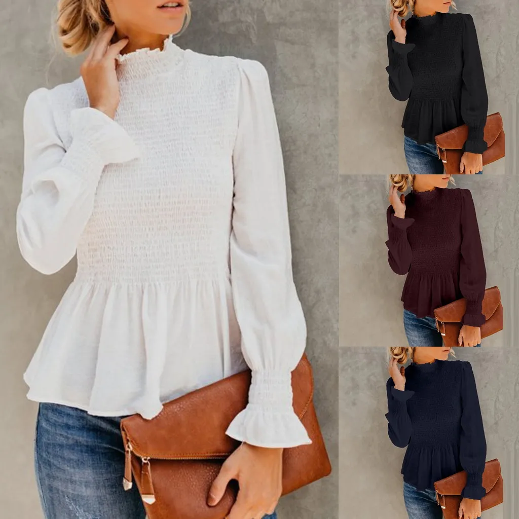

Women's Frill Long Horn Turtle Neck Ruched Flare Sleeve Casual Blouse Top