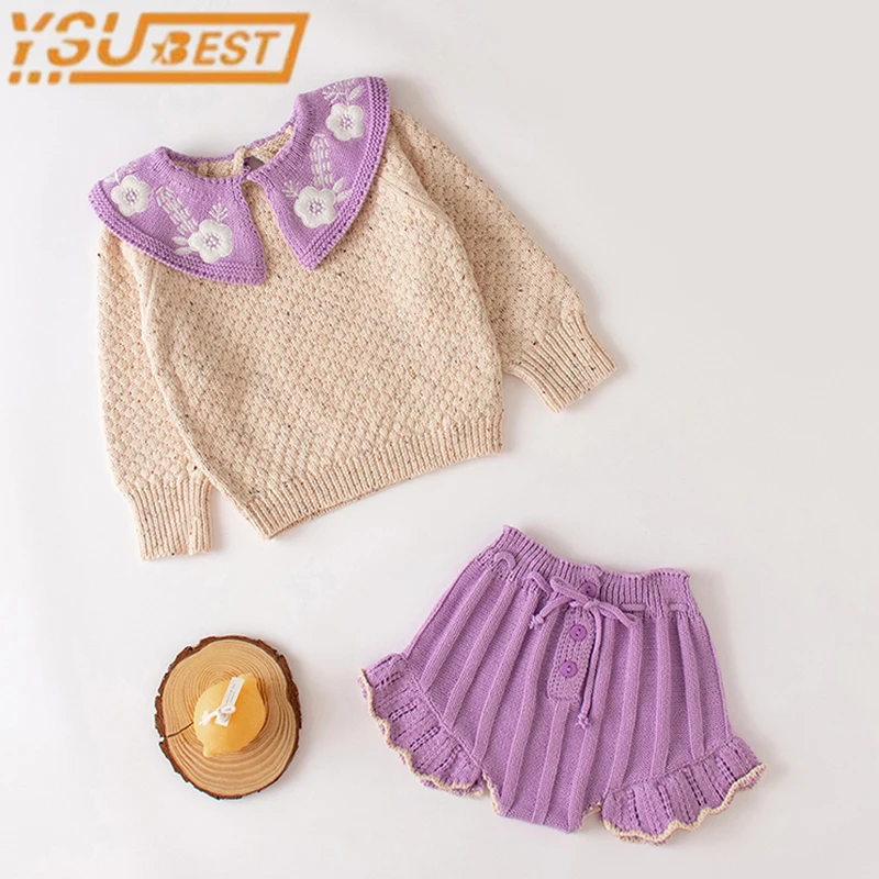 

Korean Style Baby Girls Princess Knitted Suit Spring Autumn Baby Flower Sweater+ Romper Suit 2pcs Baby Knitting Clothes