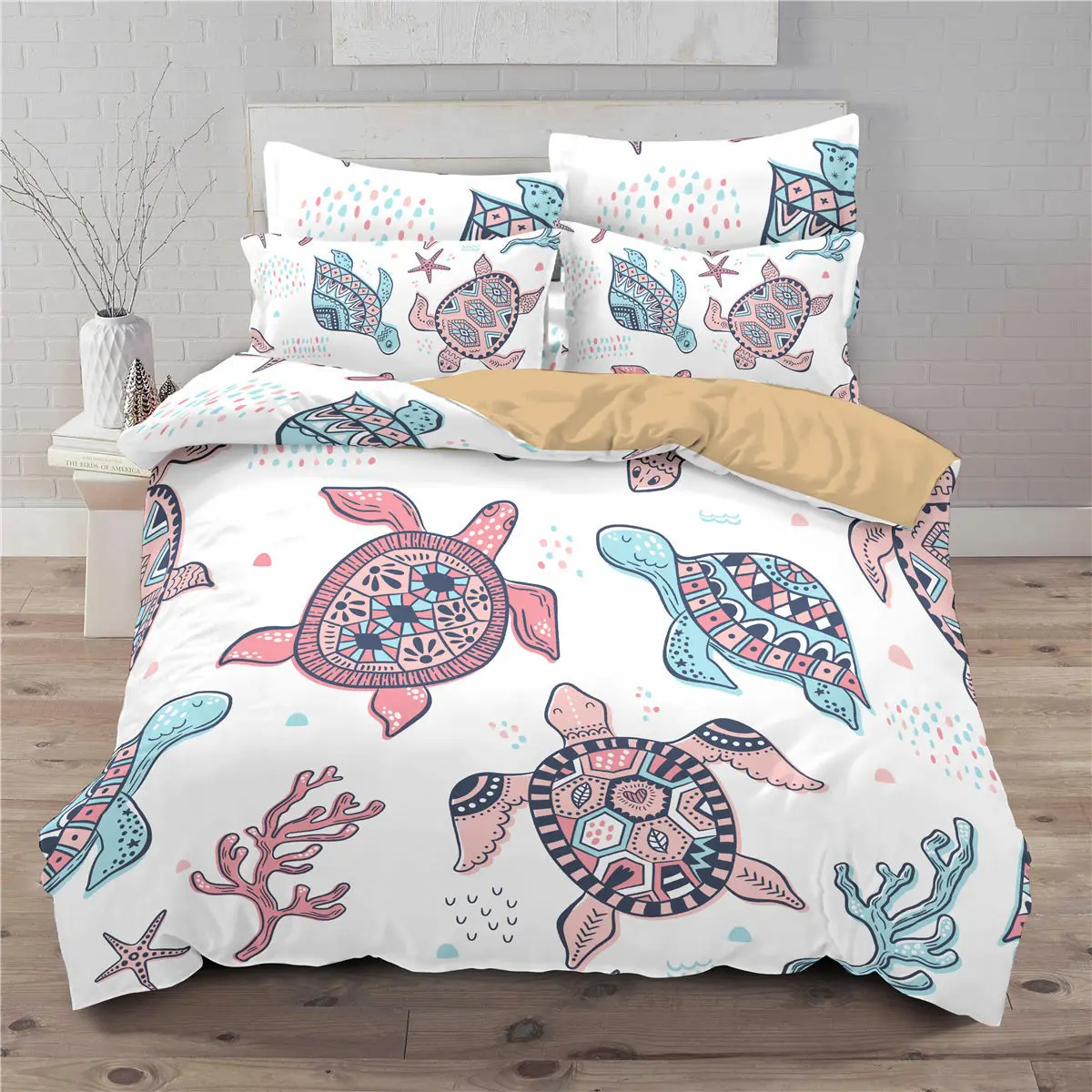 Sea Turtle Duvet Cover Queen Size Boy Beach Comforter Polyester 2/3pcs Teal Aqua Blue Abstract Tortoise Bedding Set |