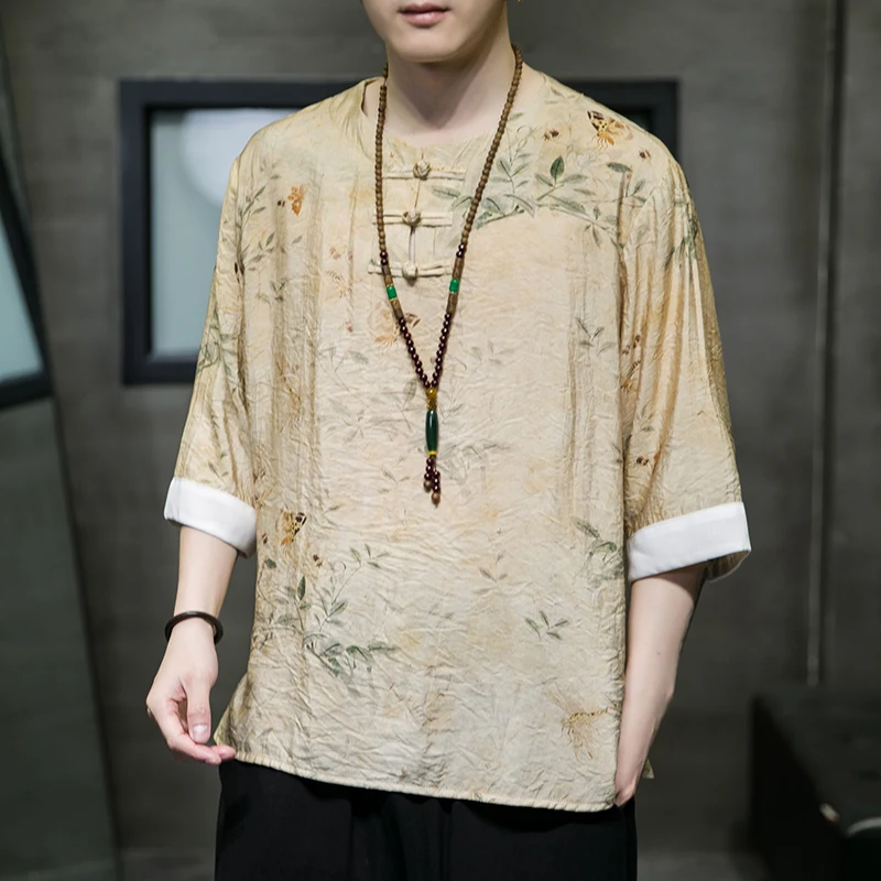 

Мужская льняная дышащая футболка с коротким рукавом в китайском стиле Тан, традиционная Футболка с принтом кунг-фу, раньше, мужские топы