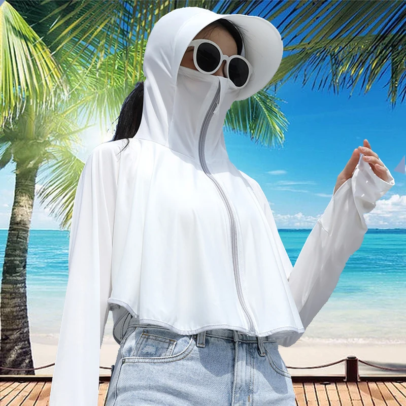 New Summer Ice Silk Cooling Sun Protection Clothing With Riding Hat Women Outdoor Sunscreen Coat Long Sleeve Hiking Cycling Tops