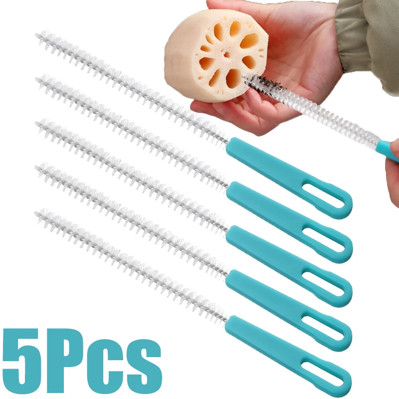 5Pcs Nylon Bottle Cleaning Brush Baby Stainless Steel Long Handle Cleaning Brushes Soft Hair Straws Spiral Cleaning Tool