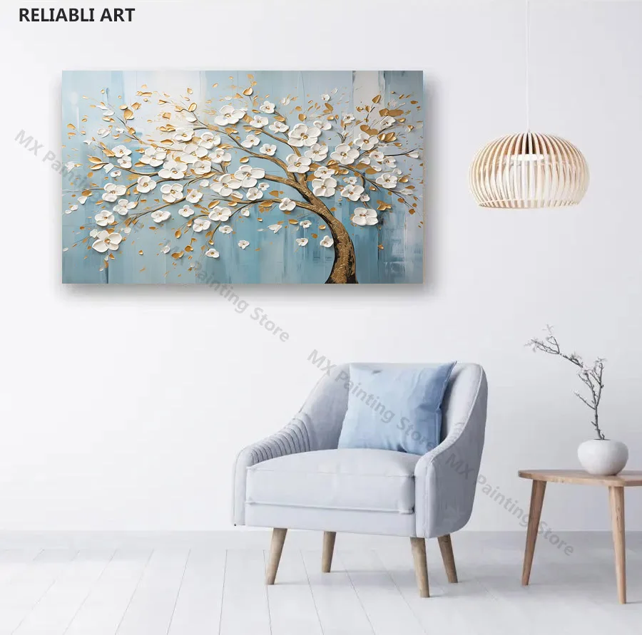 Абстрактный белый цветок дерево золотые листья синий фон Настенный декор