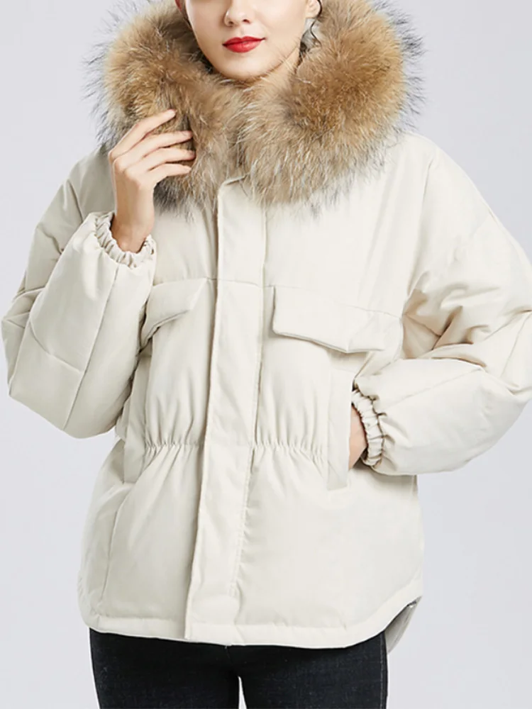 

Женская парка на белом утином пуху LY VAREY LIN, короткая куртка с капюшоном из натурального меха енота, теплая нестандартная верхняя одежда для снега, зима 90%