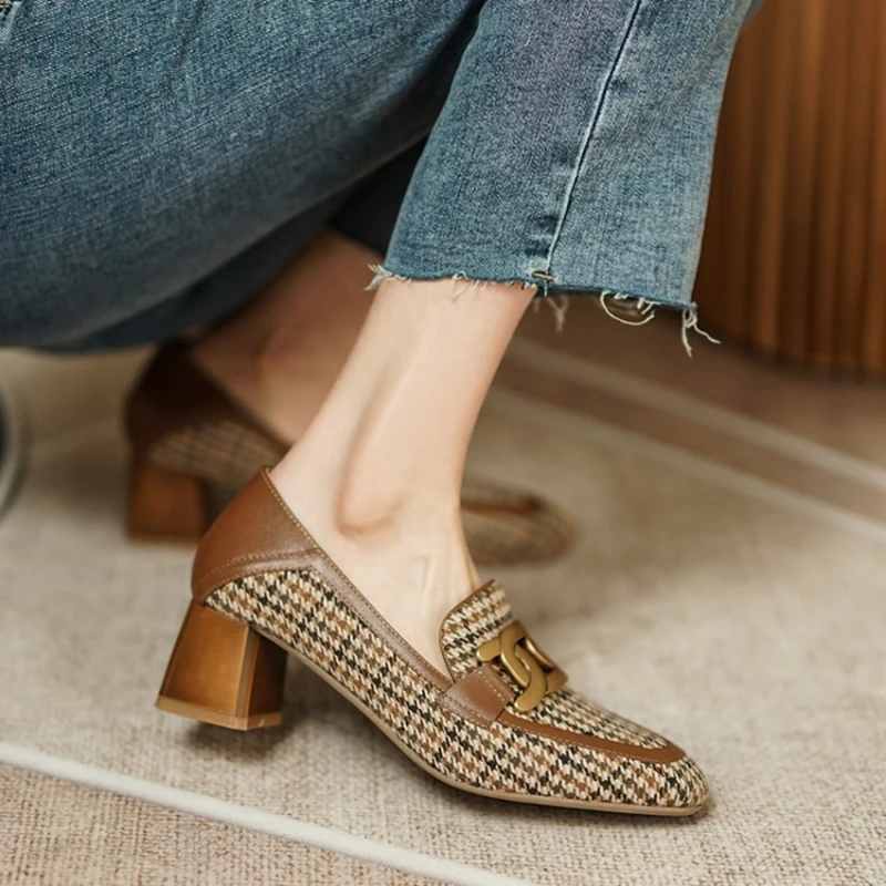 

Spring/Autumn New Women Party Prom Square Heeled Pumps Basic Concise Pumps Cow Leather Brand Round Toe 2021 Loafers Woman