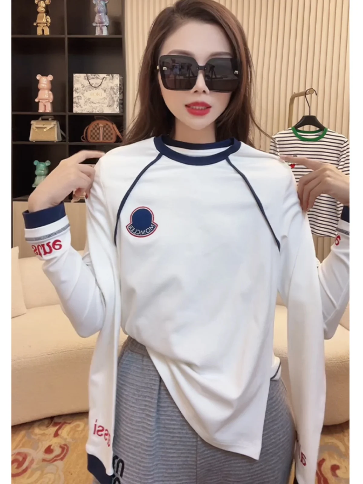 Женская нижняя рубашка контрастного цвета с круглым вырезом осень 2023 новая