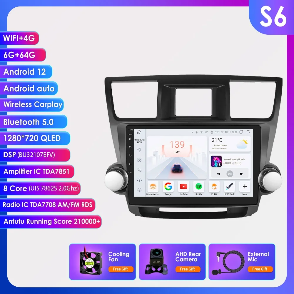 

Hizpo Android 13 для Toyota Highlander 2 XU40 2007-2013 Автомобильный радиоприемник Мультимедийный видеоплеер Навигация Стерео GPS без 2din DVD 7862