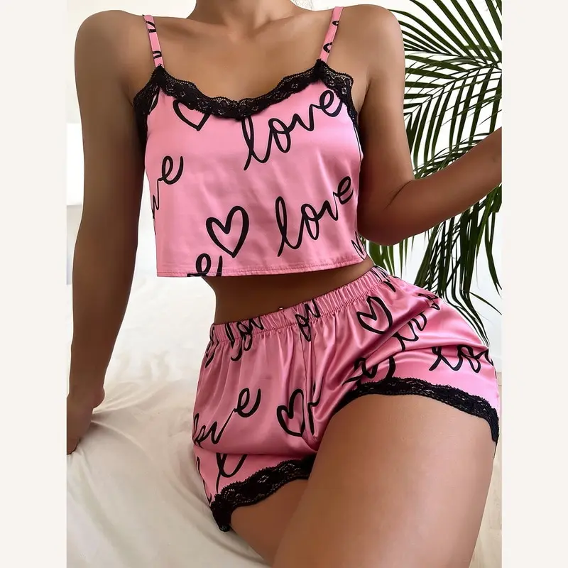 

Women's Sleepwear 2 Pcs Sets Tops+Shorts Love Heart Print Camisoles Tanks Nighty Sleeveless Pyjama Sets