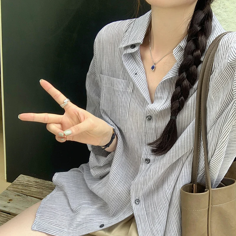 Женская винтажная рубашка в полоску модная простая офисная блузка с длинным