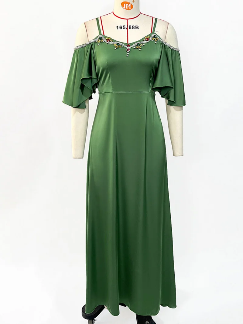 Party Dresses Satin Flowy Rhinestones Embellishments Belted  Moroccan Evening Kaftan for Women Turkish Muslim Long Dress Green