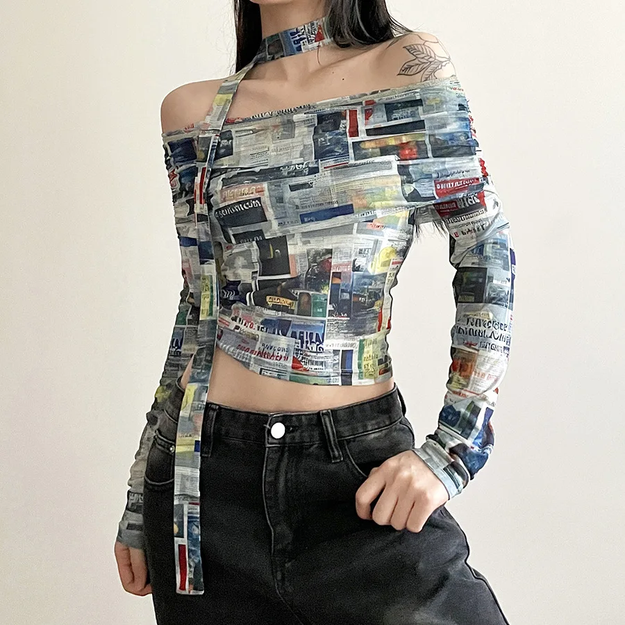 

2023 Autumn Solid Color Slim Fit Street Fashion One Line Neck Open Back Long Sleeve T-shirt Women