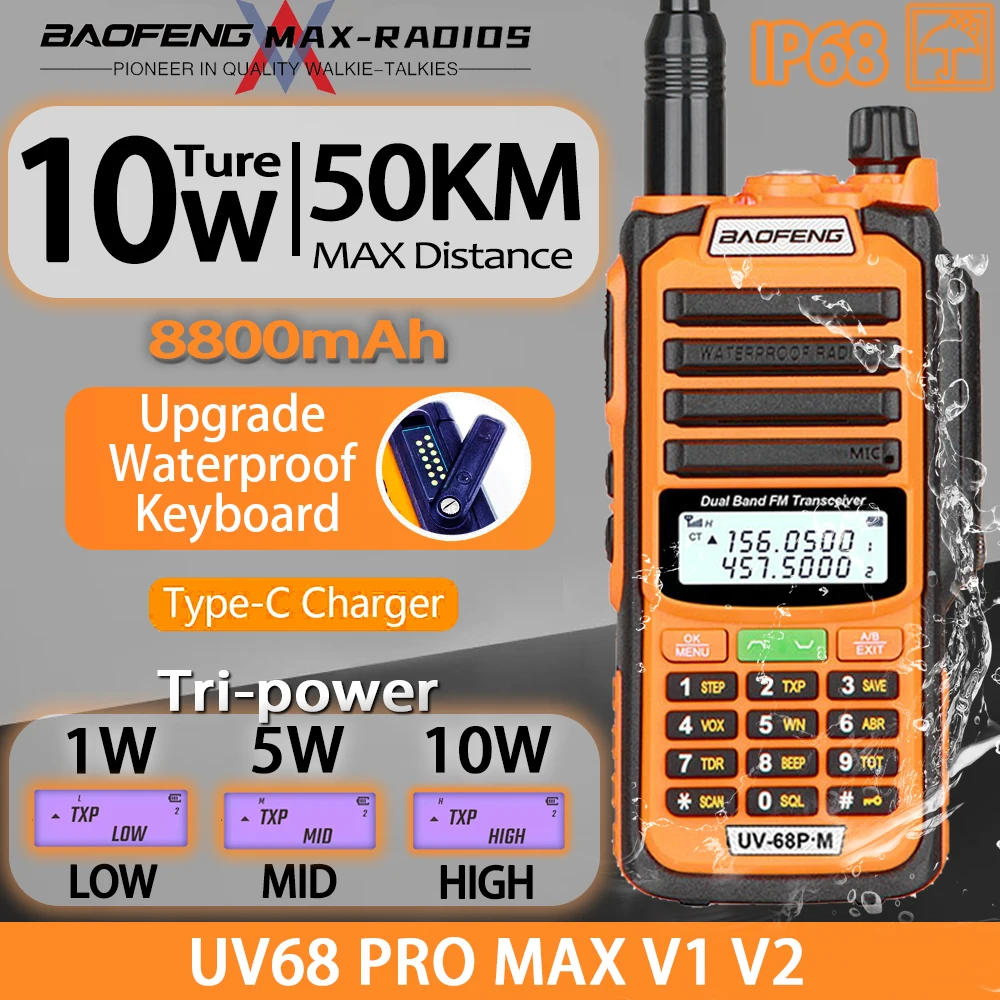 BAOFENG UV68 Pro Max V2 10W Dual Band TypeC Charger IP68 Waterproof CB Radio 50KM Long Range Ham Radio Walkie Talkie TwoWayRadio