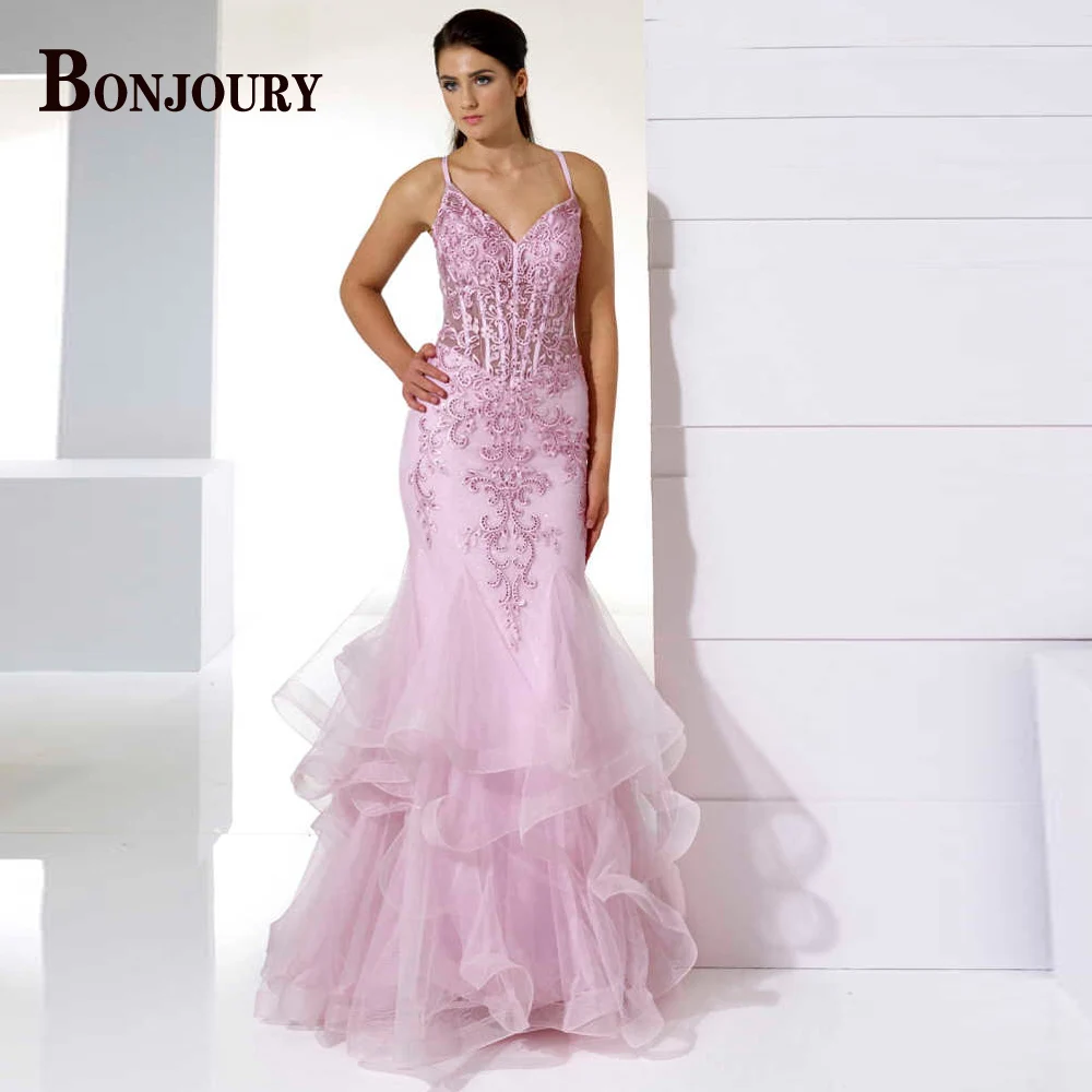 

BONJOURY Graceful Tiered Evening Dress V-Neck Spaghetti Strap Appliques Beaded Prom Gown Party Robes De Soirée Customised