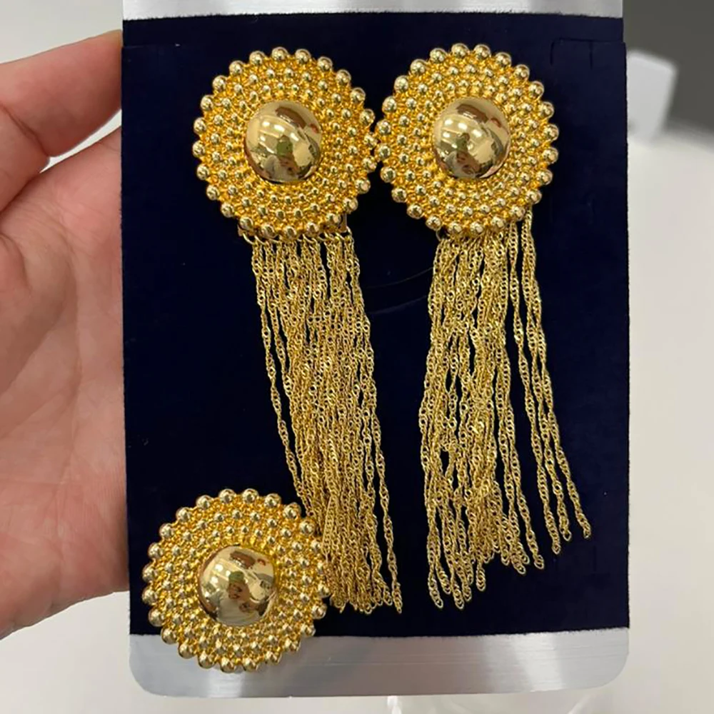 

18k Gold Plated Earrings for Women Weddings Handmake Long Earrings and Finger Ring Set for Dubai Bohemia Gold Plated Accessories