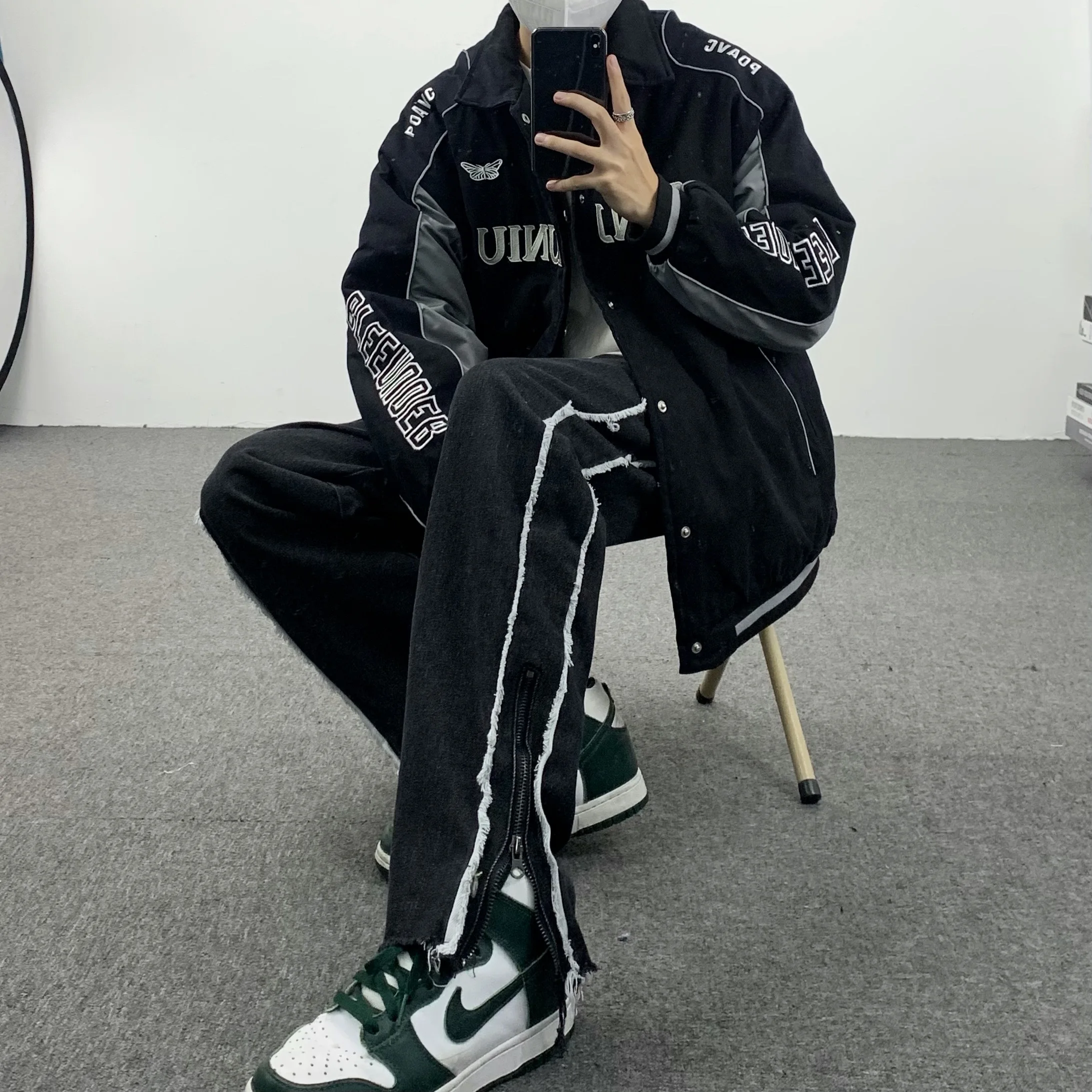 Four Seasons Men's Jeans Raw Edge Stitching Slit Straight Wide Leg Jeans Hip Hop Men Pants Y2k Jeans Fashion Street Brand Jeans