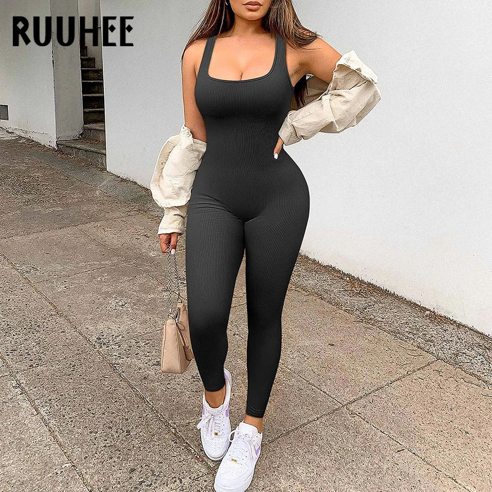 

RUUHEE Sleeveless One Piece Yoga Set Bodysuit Women Seamless Tummy Control Fitness Workout Jumpsuit Tracksuit Ribbed Sportswear