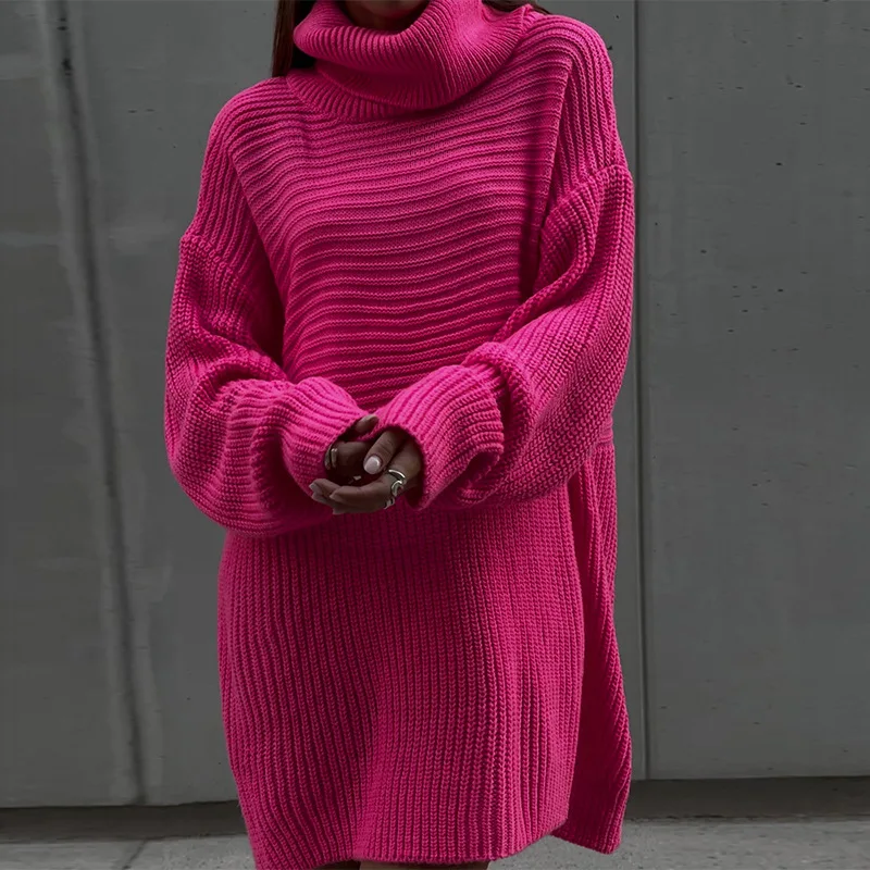 

Winter Women's Pullover Turtleneck Oversize Sweaters Female Vintage Jumper Solid Warm Knitted Sweater Dress Long Sweaters Tops