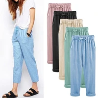 thin elastic waist women trousers side pockets drawstring wide leg casual trousers ladies clothing
