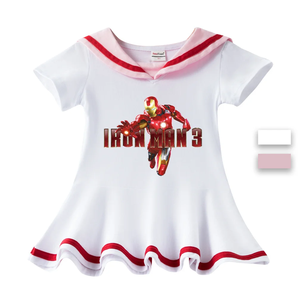 

Iron Man with Short sleeves Collegiate style white Children's wear dress lovely printed princess skirt cotton girl skirt summer