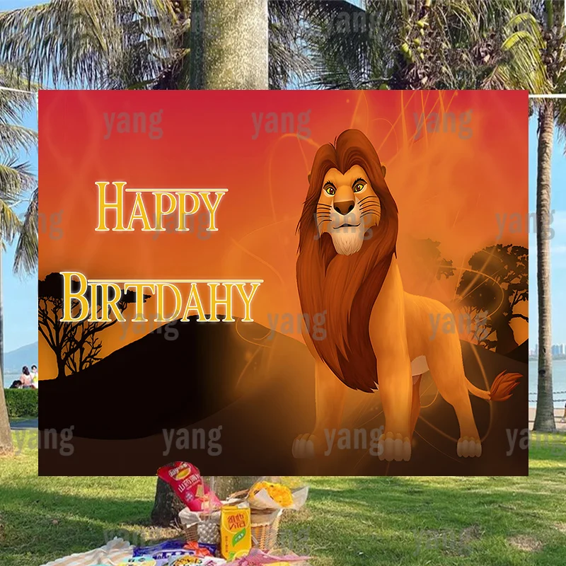 

Lovely Custom Cartoon Disney Lion King Simba Cool Baby Happy Birthday Party Decoration Yellow Backdrop Photography Background