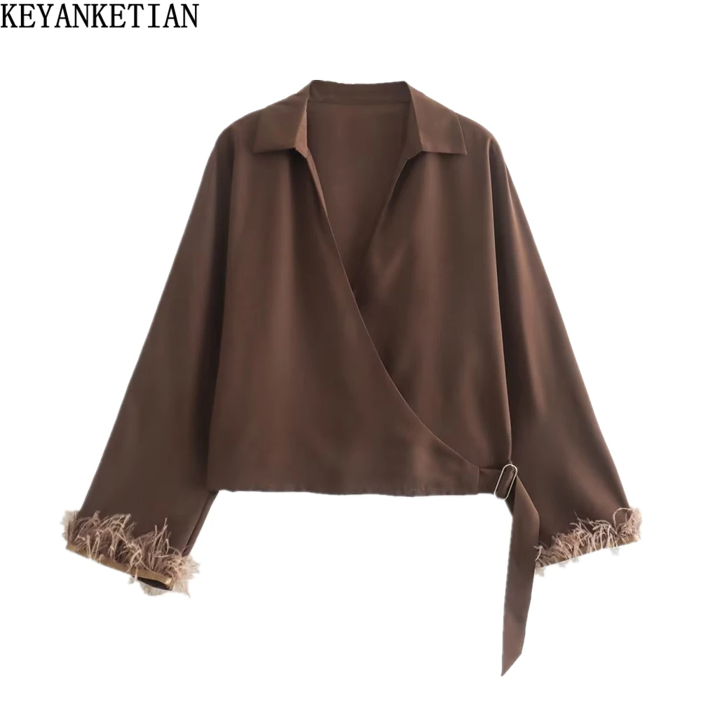 

Женская шикарная блузка KEYANKETIAN из атласа с перьями, новая весенняя блузка с двойной пряжкой, французская блузка с длинными рукавами