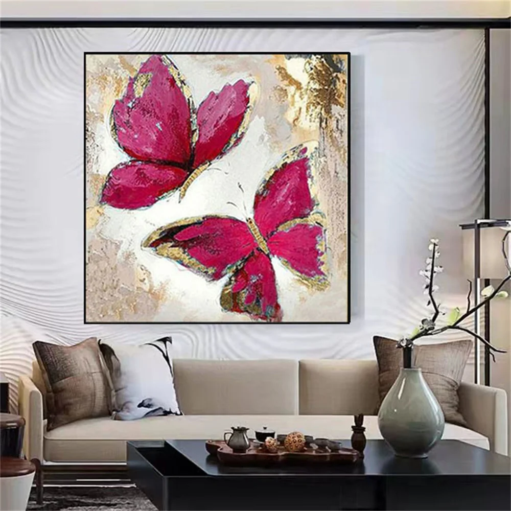 

Картина маслом на холсте с изображением двух красных бабочек, ручная роспись