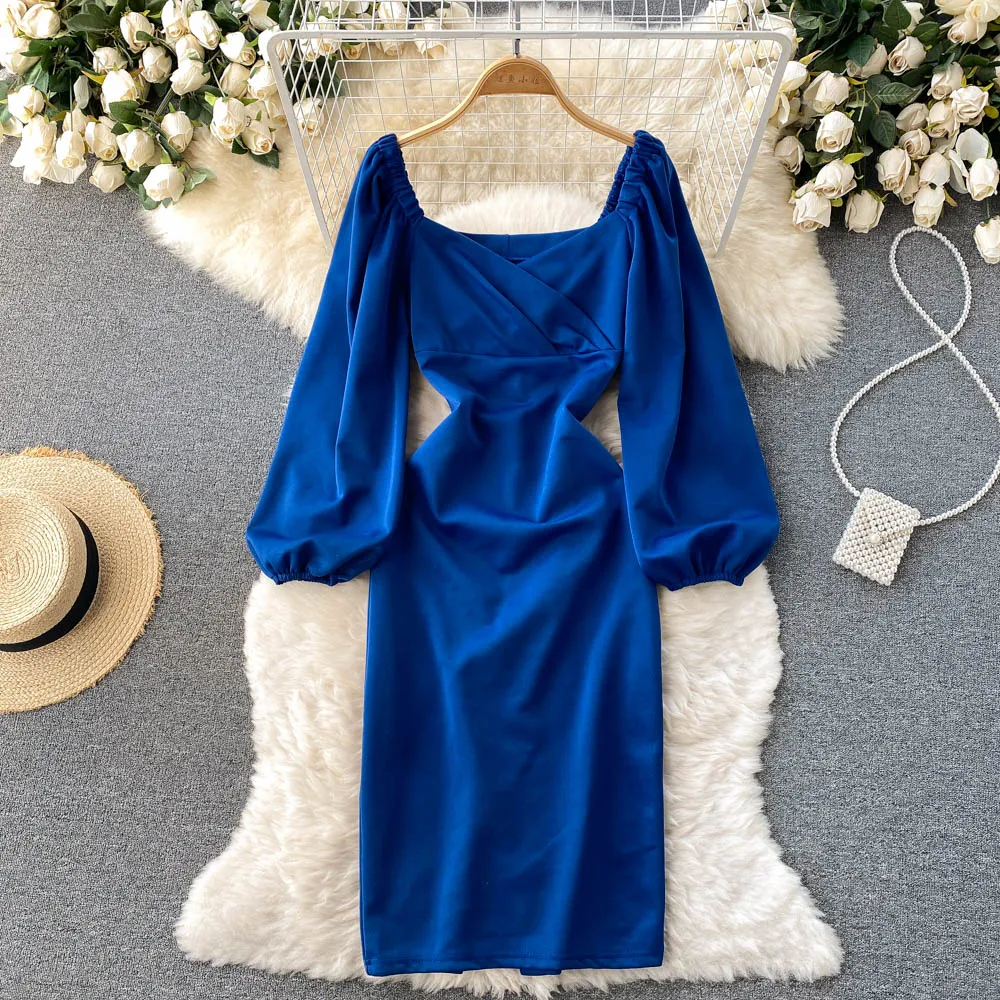 

Fashion Klein Blue Dress Goddess Style V-neck Slim Mid Length Western Style Bubble Sleeve Dress Skirt